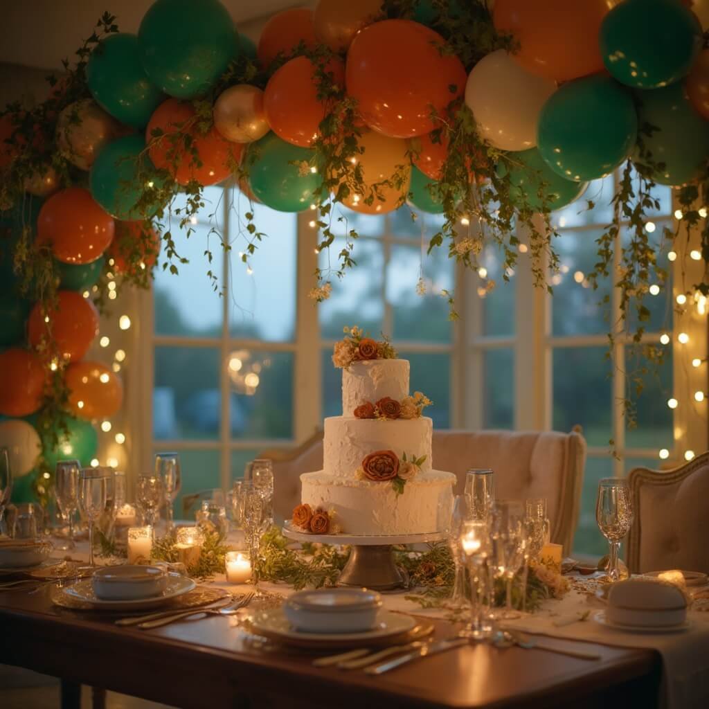 How to Decorate a Birthday Party Without It Looking Like a Jumble Sale Elegant birthday cake table with balloon garland display in emerald, sapphire, and terracotta tones, ivy interweaving and gold string lights glowing, shot in a softly lit dining room at dusk