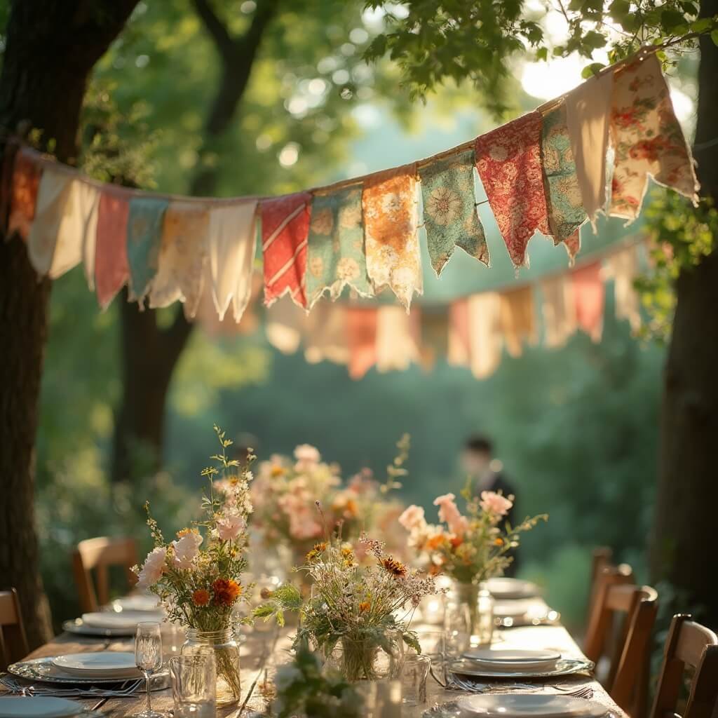 How to Decorate a Party Without It Looking Like You Threw Money at the Ceiling Outdoor garden party scene with patchwork fabric bunting strung between trees, a wooden table set with mason jar centerpieces filled with fairy lights and wildflowers, under dappled sunlight.