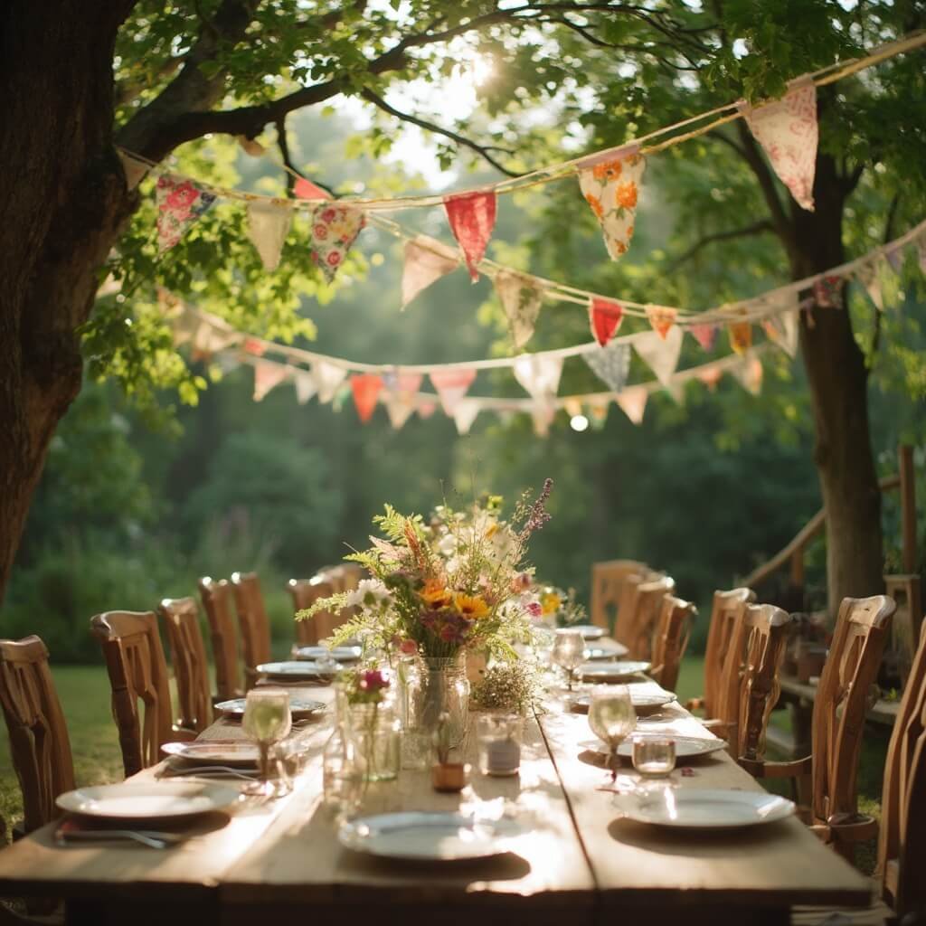 How to Decorate a Party Without It Looking Like You Threw Money at the Ceiling A garden party scene, fabric bunting of patchwork charity-shop hanging between trees, wooden table set with mason jar centerpieces and wildflowers, capturing movement in the fabric.