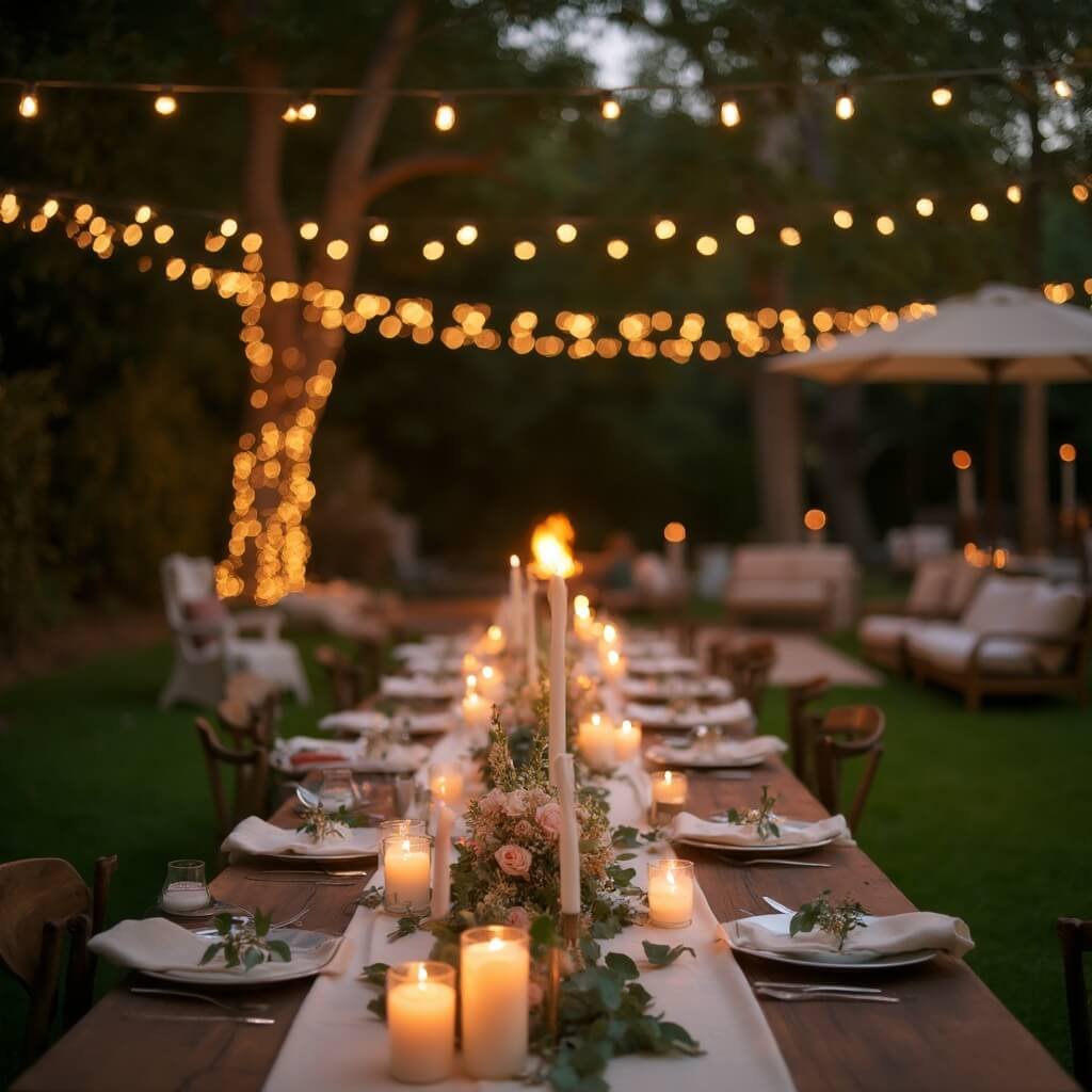 Engagement Party Decorations That Actually Suit the Couple A summer evening engagement party with overhead string lights, lanterns on the grass, a long wooden table set with candles and flowers, and armchairs around a fire pit, focusing on the candlelit table with blurred fairy lights in the background
