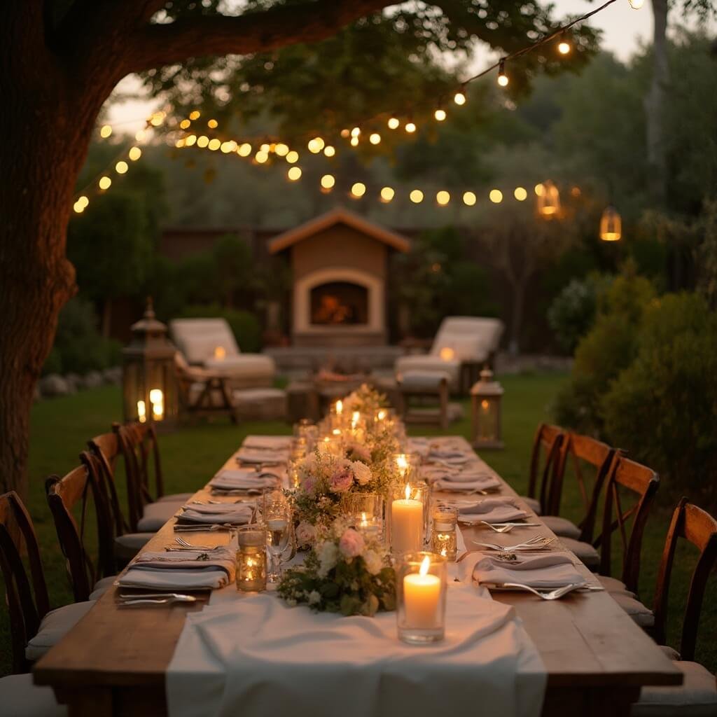 Engagement Party Decorations That Actually Suit the Couple Candlelit wooden table adorned with blush roses and eucalyptus at a backyard engagement party transitioning from golden hour to dusk, featuring lanterns on the grass, zigzagged string lights, and a fire pit surrounded by comfortable armchairs, in soft focus against fairy light glow.