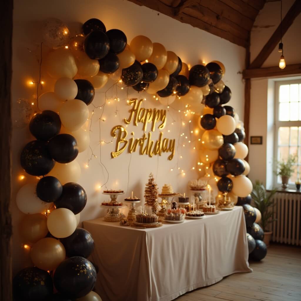 How to Decorate a Party Without It Looking Like You Threw Money at the Ceiling Interior of a village hall decorated for an adult birthday party with black, gold, and cream balloon garland, warm string lights, and a 'Happy Birthday' banner, focus on balloon textures, shot in soft golden hour light.