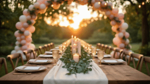Engagement Party Decorations That Actually Suit the Couple "Elegant outdoor engagement party table setting at golden hour with blush and greenery garland, mismatched candles, gold-rimmed glassware, menu cards, balloon arch, fairy lights and warm dusk lighting"