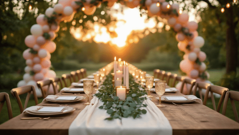 Engagement Party Decorations That Actually Suit the Couple "Elegant outdoor engagement party table setting at golden hour with blush and greenery garland, mismatched candles, gold-rimmed glassware, menu cards, balloon arch, fairy lights and warm dusk lighting"