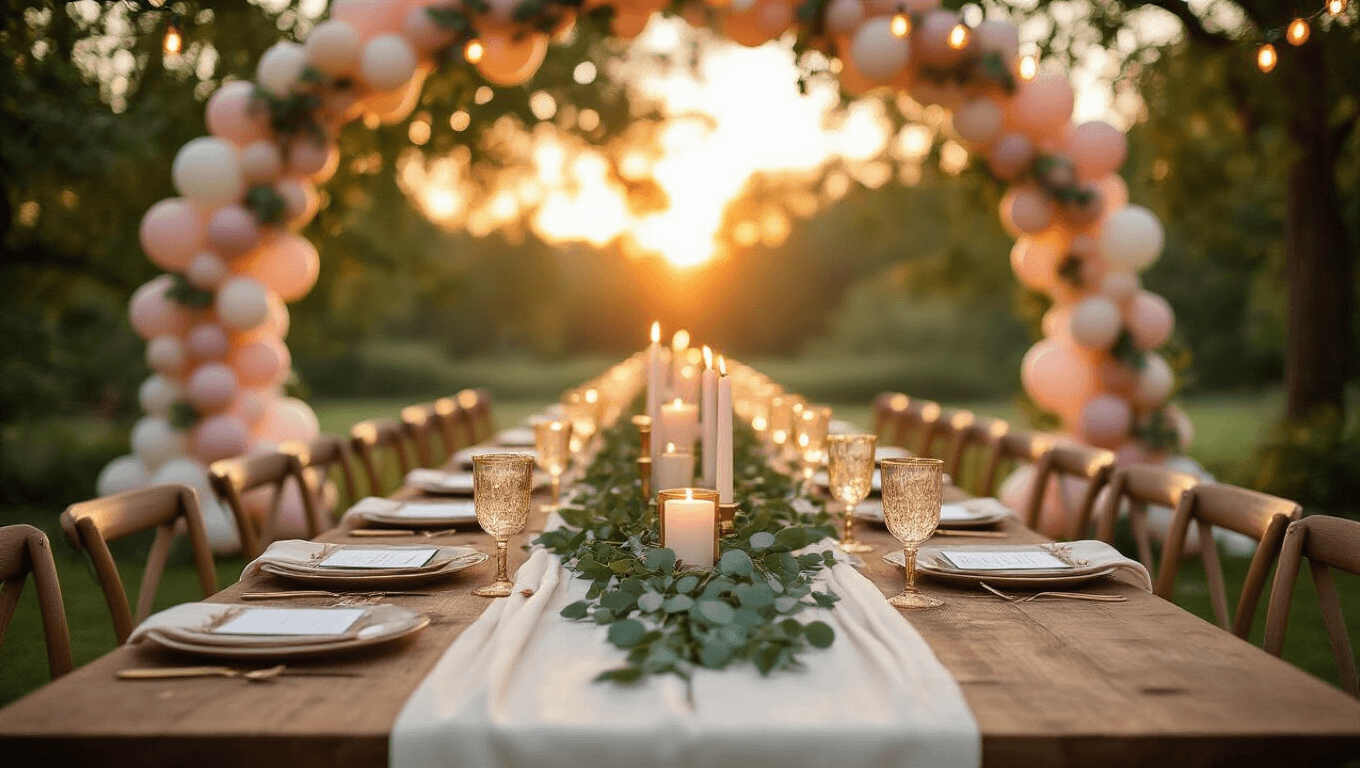 "Elegant outdoor engagement party table setting at golden hour with blush and greenery garland, mismatched candles, gold-rimmed glassware, menu cards, balloon arch, fairy lights and warm dusk lighting"