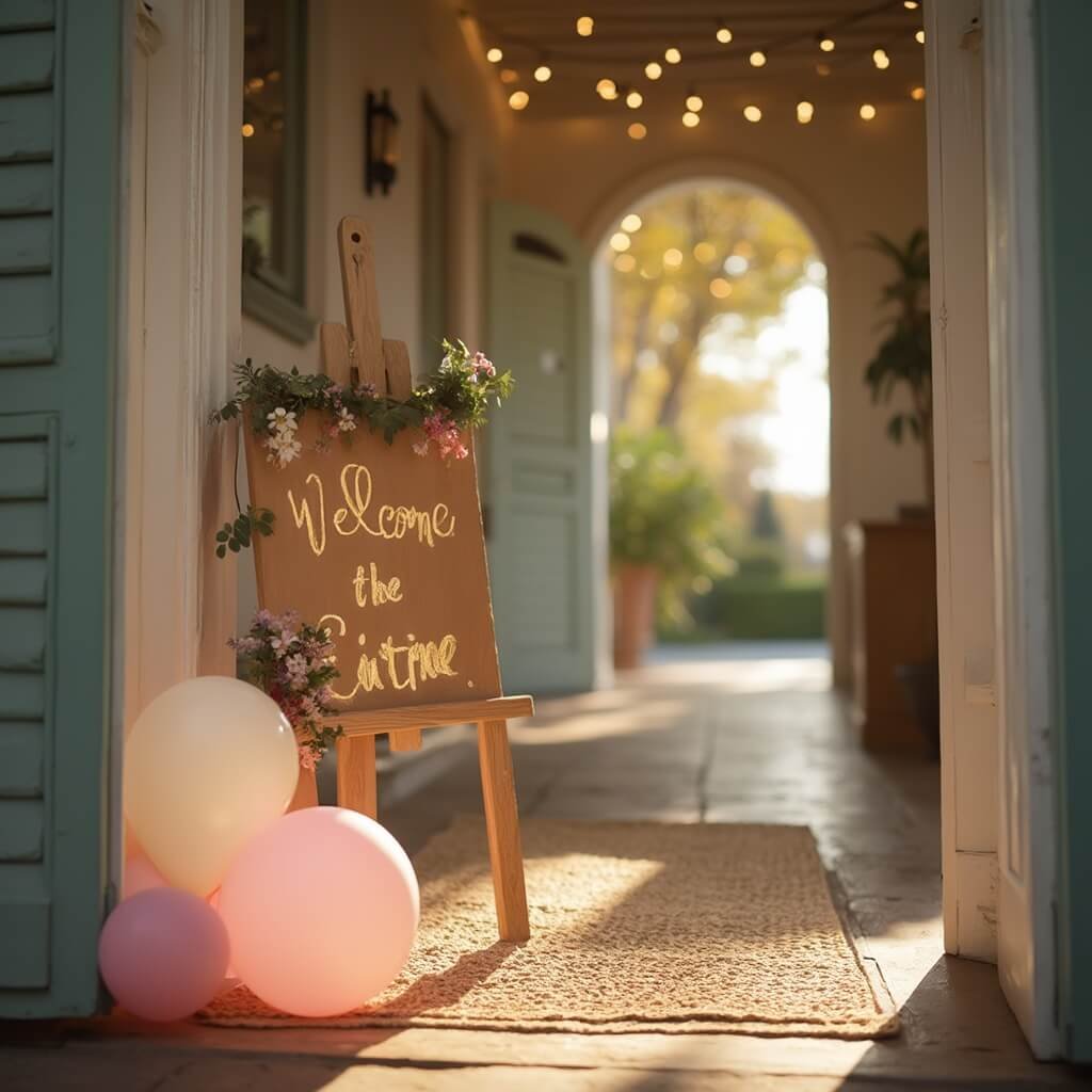 How to Decorate a Birthday Party Without It Looking Like a Jumble Sale Entrance of a birthday party with gold milestone number on a wooden sign, surrounded by pastel pink and cream balloons, under natural sunlight with a blurred background of a hallway adorned with string lights.