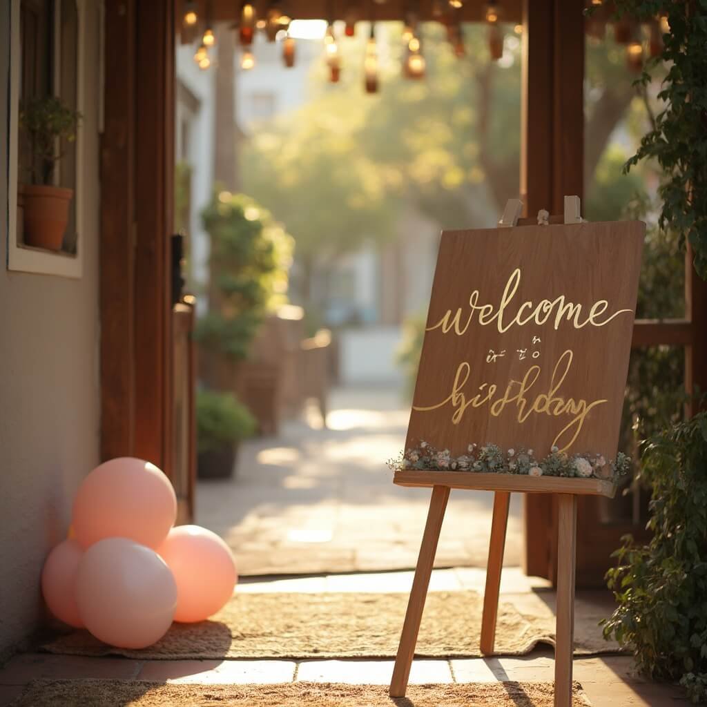 How to Decorate a Birthday Party Without It Looking Like a Jumble Sale Entrance of a birthday party with a gold script milestone number painted on a wooden easel, pastel balloons in blush pink and cream, a woven doormat, and late-afternoon sunlight through an open doorway.
