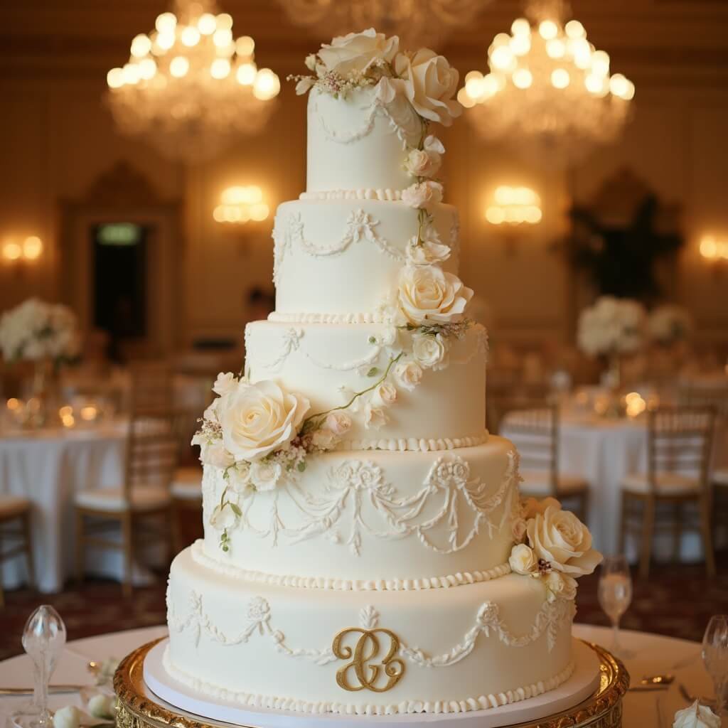 Wedding Cake Ideas — Choosing a Style, Flavour and Size That Actually Suits Your Day Grand five-tier traditional wedding cake in ballroom with white fondant, hand-piped lace, sugar roses, and gold monogram, under warm chandelier light, with blurred backdrop of elegant tables and floral centerpieces