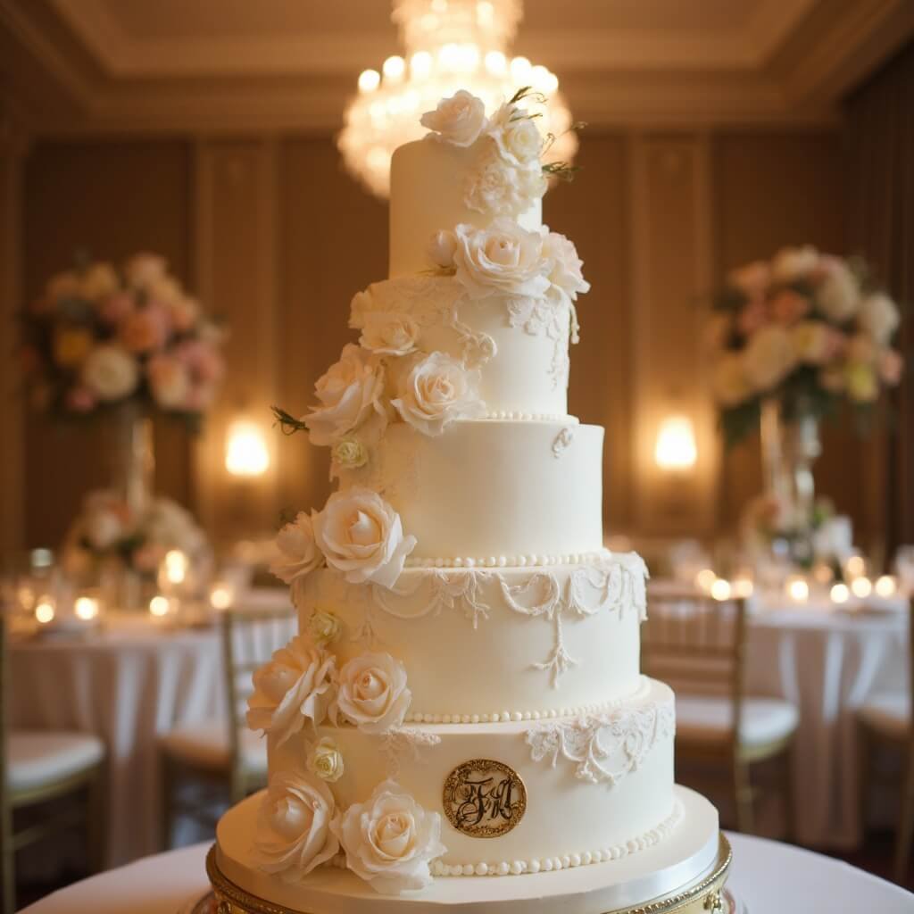 Wedding Cake Ideas — Choosing a Style, Flavour and Size That Actually Suits Your Day Five-tier traditional wedding cake with lace detailing and sugar roses in well-lit ballroom