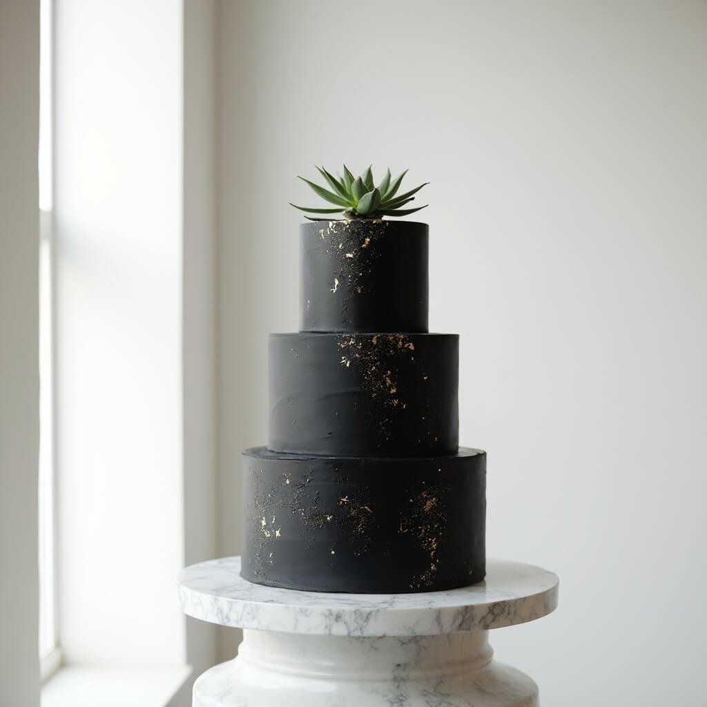 Wedding Cake Ideas — Choosing a Style, Flavour and Size That Actually Suits Your Day Minimalist wedding cake with matte black fondish and edible gold leaf details on marble pedestal in a contemporary venue with white walls and natural daylight