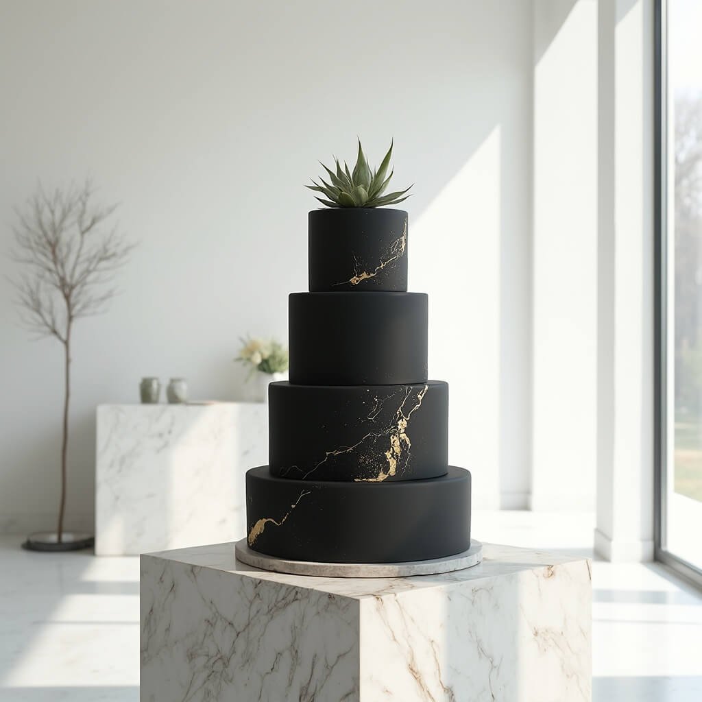 Wedding Cake Ideas — Choosing a Style, Flavour and Size That Actually Suits Your Day Modern minimalist wedding cake with matte black fondant and edible gold leaf on marble pedestal in bright venue with white walls and large windows