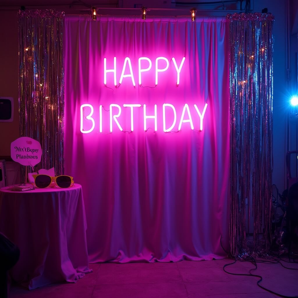 How to Decorate a Birthday Party Without It Looking Like a Jumble Sale Neon-lit 'Happy Birthday' photo booth with silver fringe curtain, colorful props, and magenta and blue uplighting at a teen's evening party
