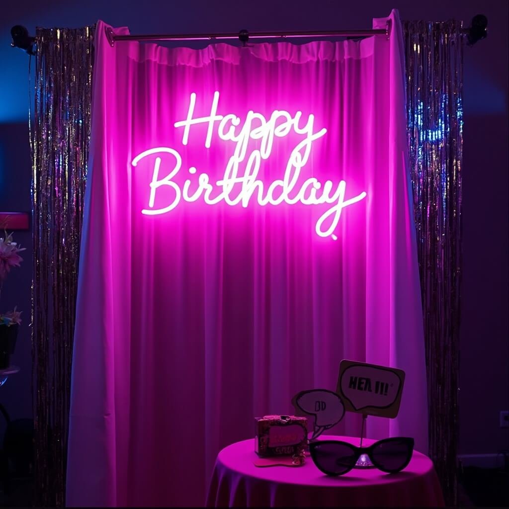 How to Decorate a Birthday Party Without It Looking Like a Jumble Sale Neon-lit 'Happy Birthday' sign at a teen's party with metallic silver fringe backdrop, props on nearby table, and colorful uplighting in a darkened room
