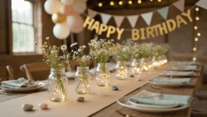 How to Decorate a Party Without It Looking Like You Threw Money at the Ceiling "Close-up of a cheerful pastely birthday table with fairy light mason jars, wildflower centerpieces, pastel fabric bunting, organic cream and gold balloon garland, gold Happy Birthday banner, coordinated tableware, in a cozy village hall setting with a homely aesthetic under warm lighting."