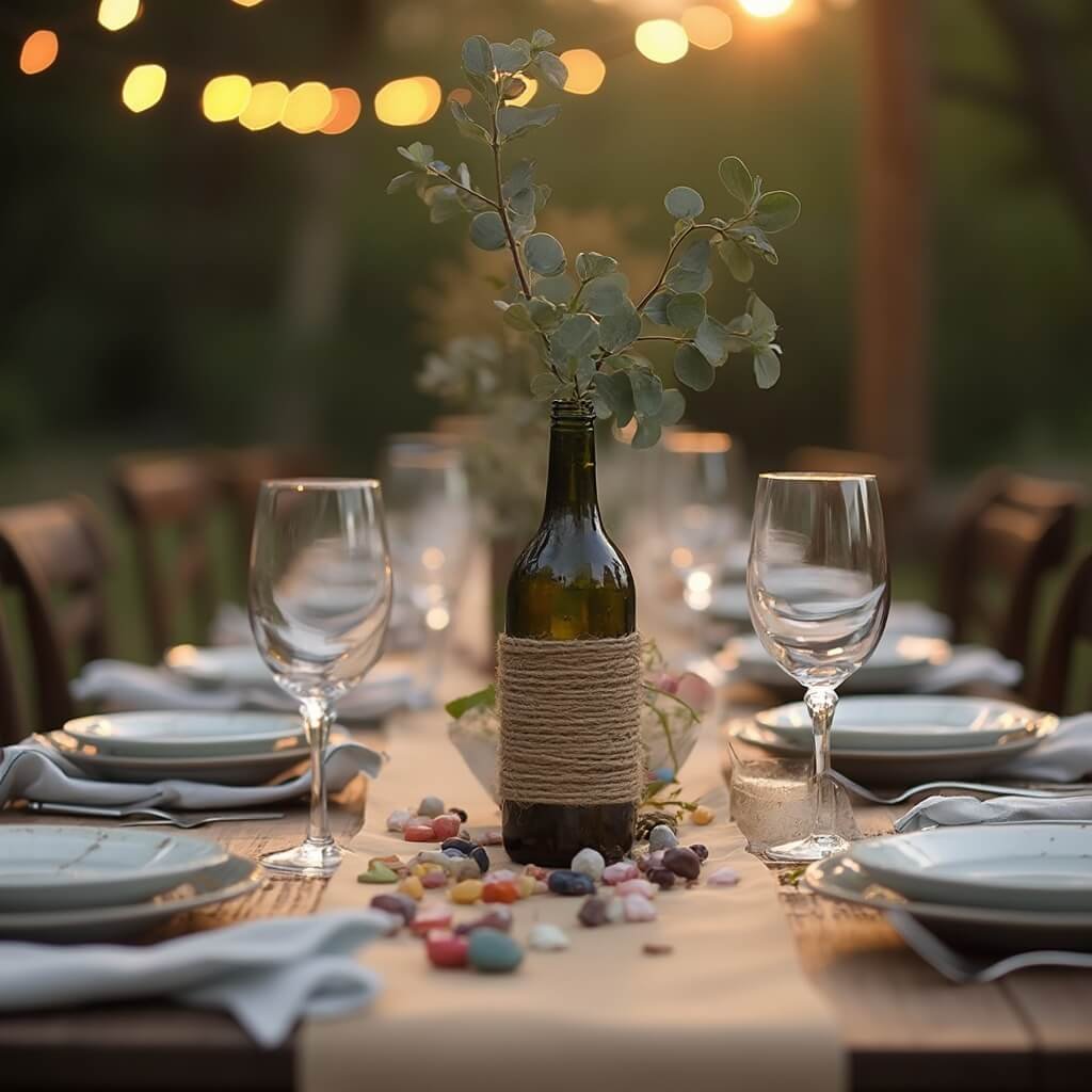 How to Decorate a Party Without It Looking Like You Threw Money at the Ceiling Party table setting featuring kraft paper runner, coloured stones and confetti, upcycled twine-wrapped wine bottle with eucalyptus under warm string lights