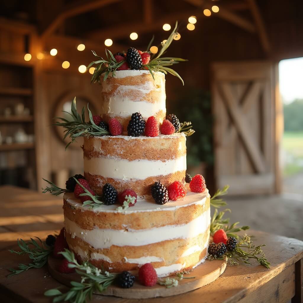 Wedding Cake Ideas — Choosing a Style, Flavour and Size That Actually Suits Your Day Close-up of a rustic naked Victoria sponge wedding cake with fresh berries and greenery on a wooden table in a barn venue, lit by golden afternoon sunlight and fairy lights.