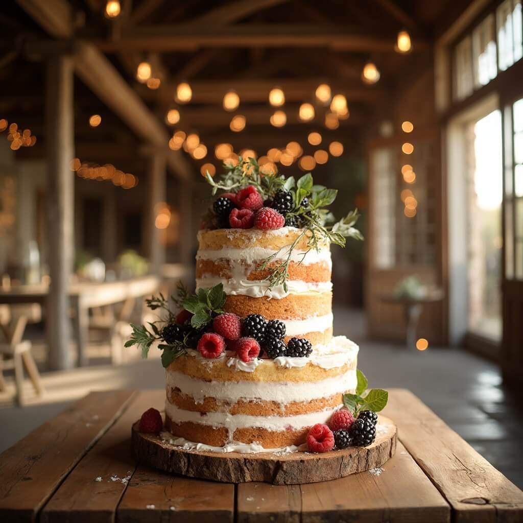 Wedding Cake Ideas — Choosing a Style, Flavour and Size That Actually Suits Your Day Close-up of a rustic naked Victoria sponge wedding cake with fresh berries and greenery, displayed on a wooden farm table inside a barn, with warm fairy lights overhead and golden sunlight streaming through open doors.
