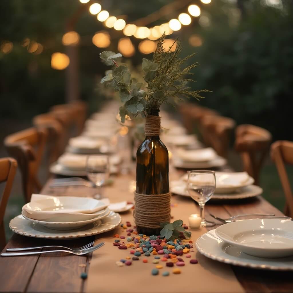 How to Decorate a Party Without It Looking Like You Threw Money at the Ceiling Rustic party table setting with kraft paper, coloured stones and confetti, and a twine-wrapped wine bottle centerpiece holding eucalyptus stems under soft string lighting, in shallow focus