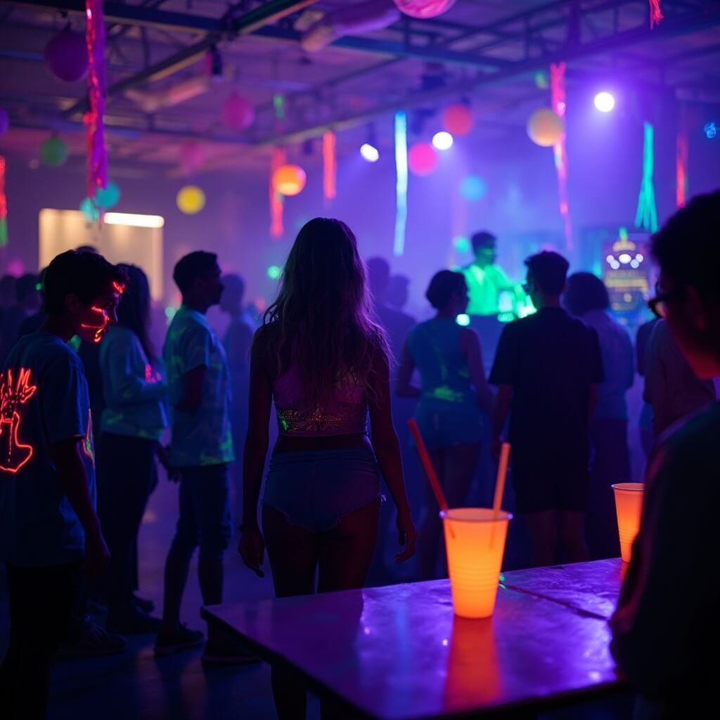18th Birthday Party Ideas for Every Personality and Budget Teenagers in glowing face paint and fluorescent outfits at a neon UV party under black lights with brightly glowing streamers, balloons, a green DJ booth, and neon drink cups on a table.