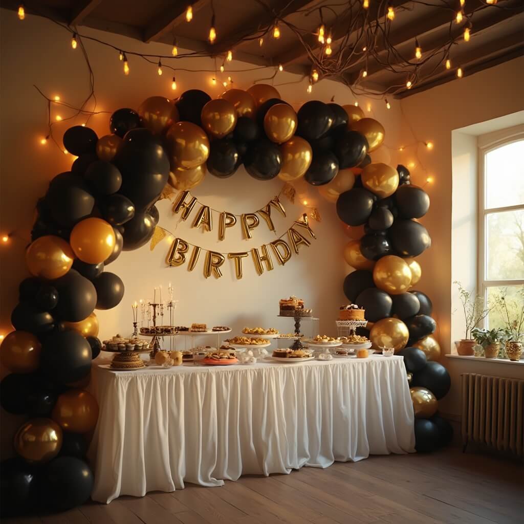 How to Decorate a Party Without It Looking Like You Threw Money at the Ceiling Interior of village hall decorated for adult birthday with black, gold, and cream balloon garland, warm string lights, and 'Happy Birthday' gold banner, shot at golden hour