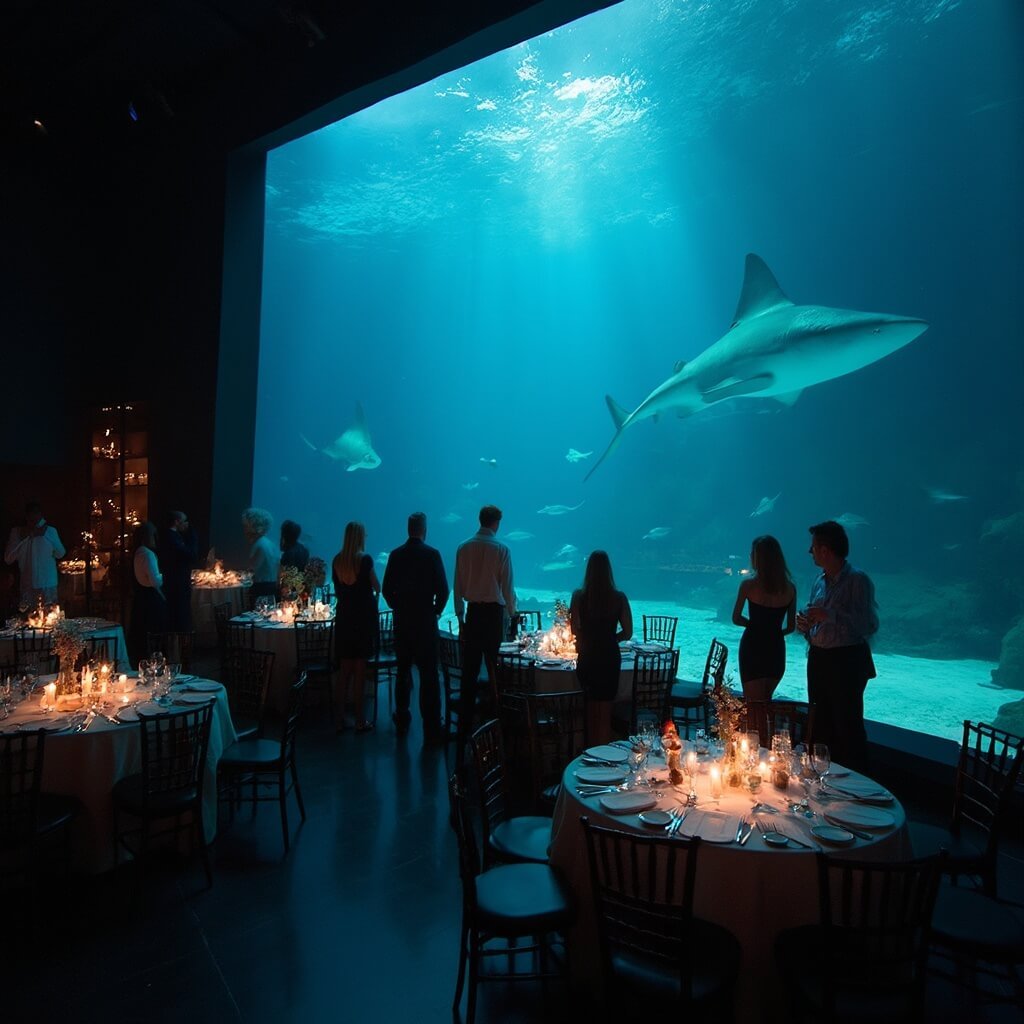Unique Wedding Ideas That Actually Feel Like You (Not Just Pinterest) Guests in formal attire gathered in an aquarium reception room at dusk, with round dinner tables under the blue-green light from a large shark tank