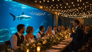 Unique Wedding Ideas That Actually Feel Like You (Not Just Pinterest) "Candlelit wedding reception in a repurposed aquarium under warm and cool contrasting lights with guests near a glowing shark tank, elegant white floral decorations, and best man giving a speech, styled in cinematic, editorial wedding photography"
