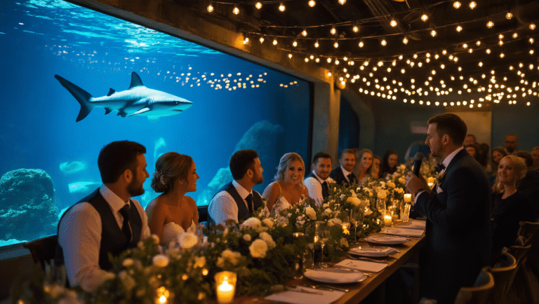 Unique Wedding Ideas That Actually Feel Like You (Not Just Pinterest) "Candlelit wedding reception in a repurposed aquarium under warm and cool contrasting lights with guests near a glowing shark tank, elegant white floral decorations, and best man giving a speech, styled in cinematic, editorial wedding photography"