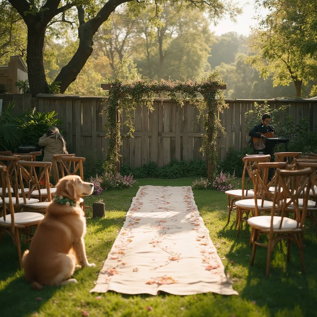 Backyard Wedding Ideas That Actually Work (Not Just Pinterest Fantasies) Intimate backyard wedding ceremony at golden hour with mismatched wooden chairs, a reclaimed-wood arch, wildflowers, a golden retriever, and an acoustic guitarist, set against a backdrop of trees and an old wooden fence.