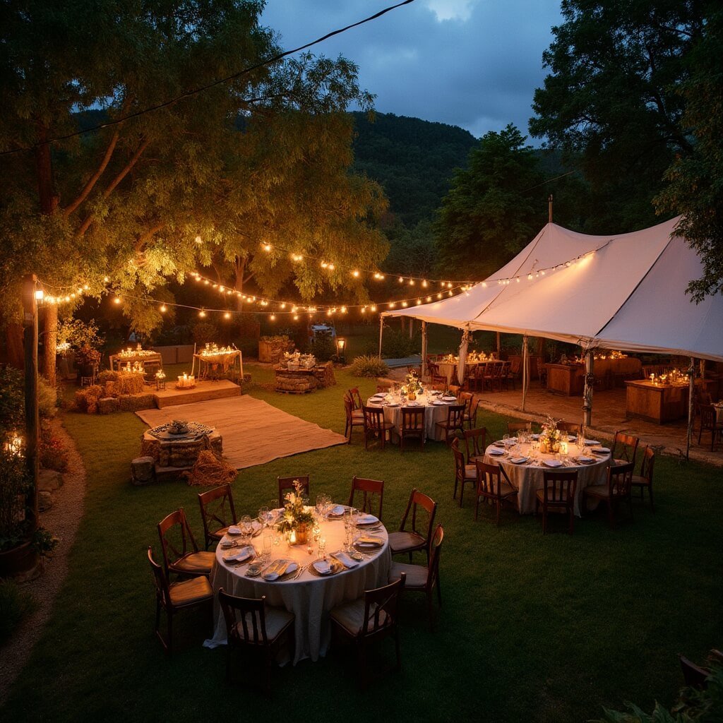 Backyard Wedding Ideas That Actually Work (Not Just Pinterest Fantasies) Overhead view of a rustic backyard wedding reception at dusk; featuring a hay bale lounge area, a taco and barbecue station, a wooden dance floor with string lights, round dinner tables with burlap runners and wildflower centerpieces, and a canvas open-sided tent illuminated with lanterns and pathway lights.