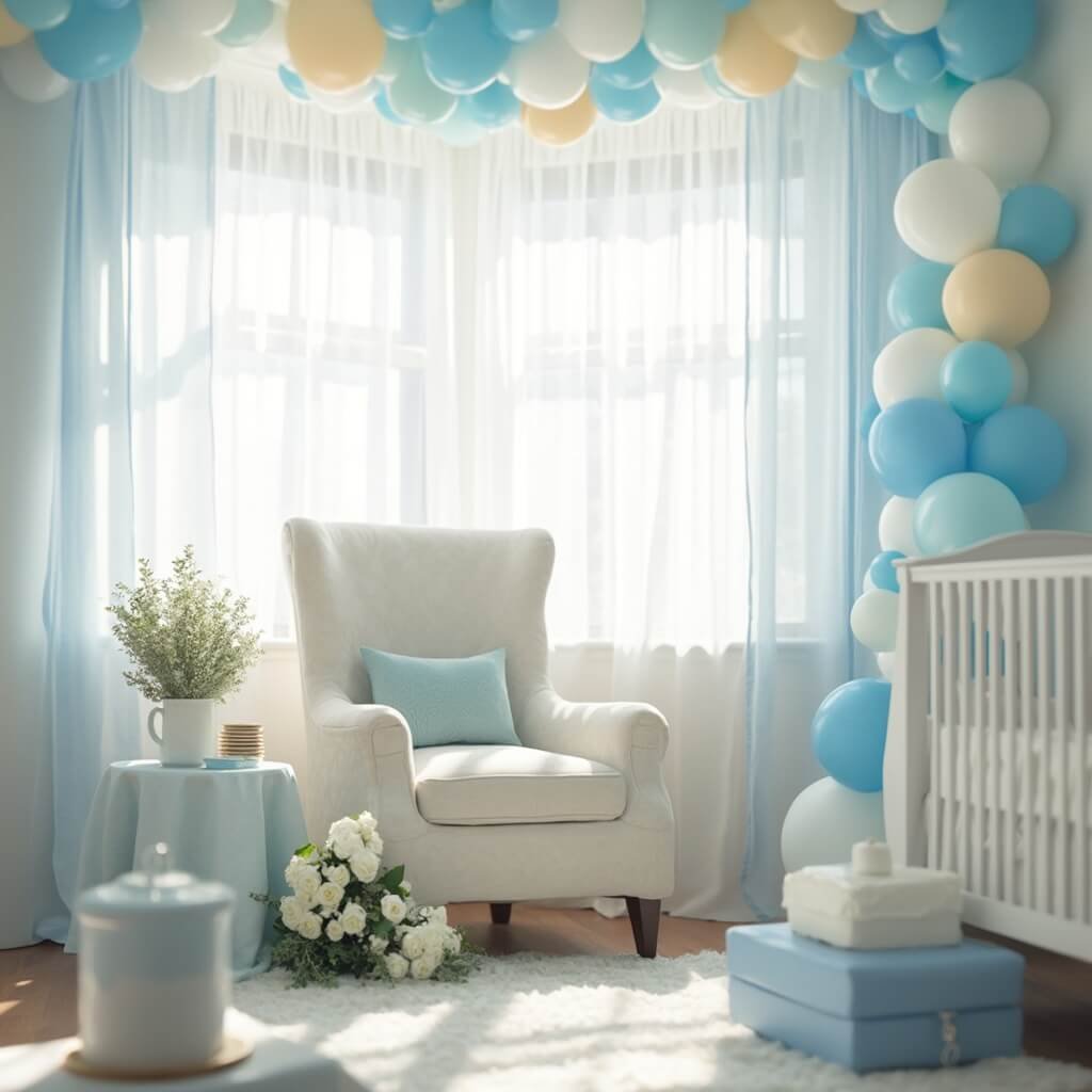 Boy Baby Shower Ideas That Won't Wear You Out Classic blue and white baby shower setup in a softly lit nursery-adjacent living room, featuring a plush armchair near a balloon garland, a floral arrangement of eucalyptus and white roses, and a small dessert table with a cake in the corner