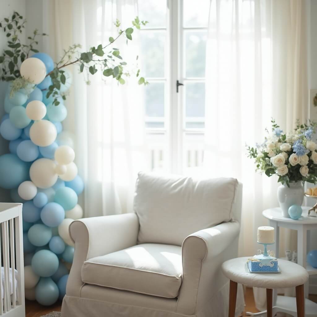 Boy Baby Shower Ideas That Won't Wear You Out Blue and white baby shower set up in nursery-adjacent living room with plush armchair, balloon garland, floral arrangement and dessert table with iced cake