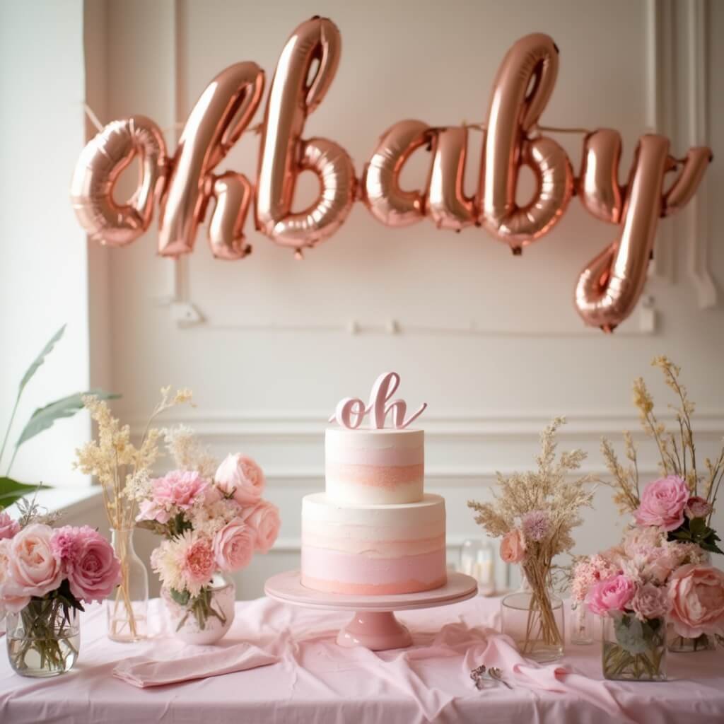 Girl Baby Shower Ideas: Themes, Decor and Food That Actually Work Elegant baby shower dessert table in blush pink and rose gold, featuring a three-tier ombré cake with piped baby name, 'oh baby' foil balloons and floral arrangement under natural window light