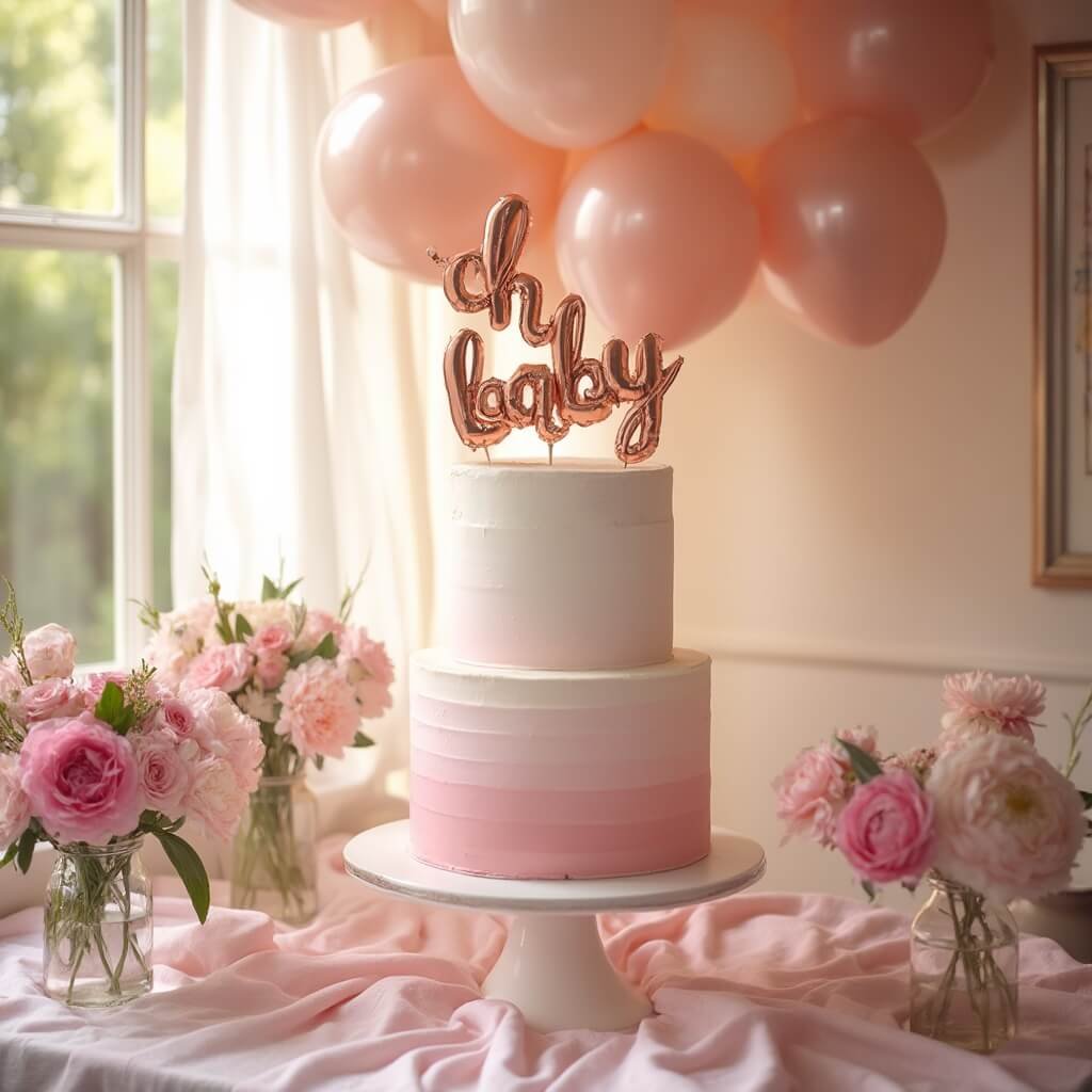 Girl Baby Shower Ideas: Themes, Decor and Food That Actually Work Blush pink and rose gold themed baby shower dessert table featuring a three-tier ombré cake, 'oh baby' foil balloons, and assorted pink flowers in low vases with natural light streaming in from the left