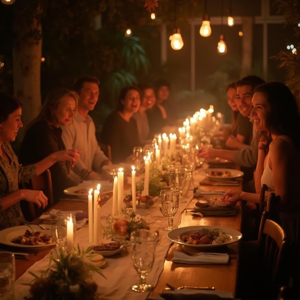 Birthday Party Ideas for Adults That Don't Feel Like a Kid's Party in a Bigger Room Candlelit birthday dinner setting with long table, ten mismatched chairs, bowls of antipasti, half-empty wine glasses, and warm lighting, with blurry guests in mid-laughter at the edges of the frame.