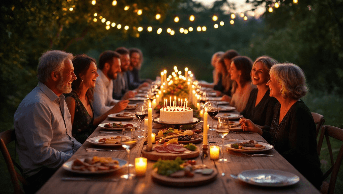 "Elegant outdoor birthday dinner party in early evening with golden-hour lighting, guests laughing and conversing around a long wooden table lined with flickering taper candles, antipasti, charcuterie boards, mismatched wine glasses, and a birthday cake with lit candles at the center, all under overhead string lights, in a photorealistic style."