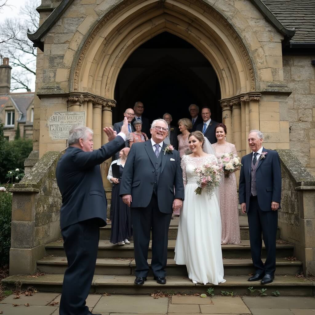 Wedding Photo Ideas That Actually Work (Not Just Pinterest Bait) A wedding photographer directing an extended family of twelve on stone steps in front of a Gothic church under an overcast midday light during late autumn, with guests showing mixed emotions, an elderly man being gestured over by a phone-engaged bridesmaid, depicted in a wide formal shot showcasing the chaotic process behind a traditional posed portrait.