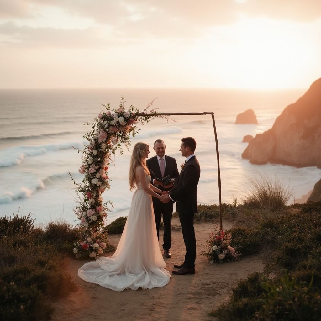 Planning a Small Wedding Without It Feeling Like a Compromise Couple eloping at sunrise on a cliff with ocean view, standing under a floral arch, with an officiant and three witnesses, under a pink and gold sky