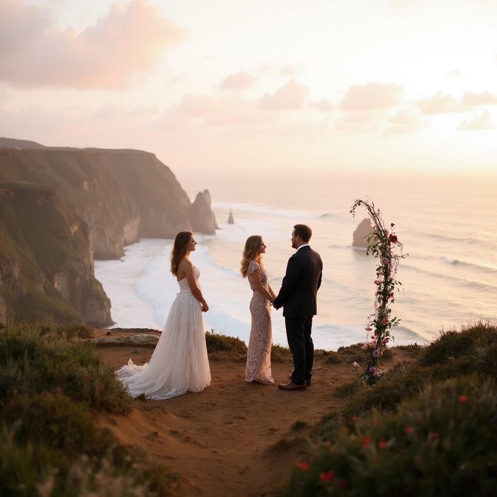 Planning a Small Wedding Without It Feeling Like a Compromise Couple eloping at sunrise on a clifftop overlooking the ocean, with an officiant, three witnesses, and a simple floral arch, under a pink and gold sky.
