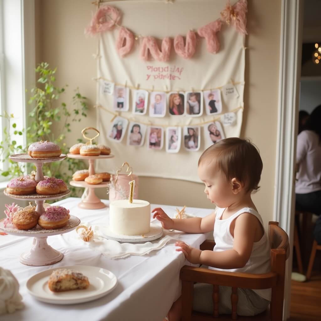 1st Birthday Party Ideas: Themes, Decor, and What Actually Matters One-year-old reaching for cake at 'Donut Grow Up' themed party with pastel dessert table, photo collage and adult guests in the background