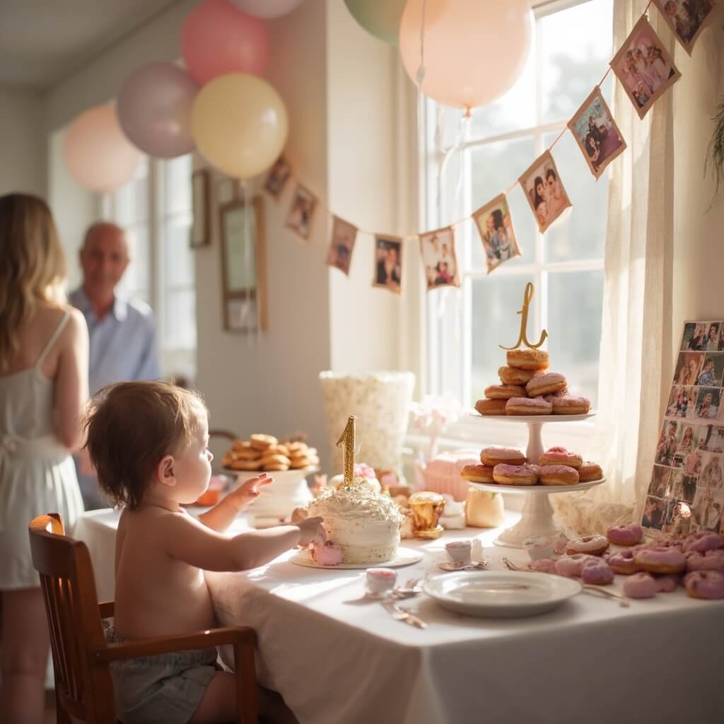 1st Birthday Party Ideas: Themes, Decor, and What Actually Matters One-year-old reaching for cake at 'Donut Grow Up' themed party with pastel donuts, a collage of baby photos, and guests in the soft focus background