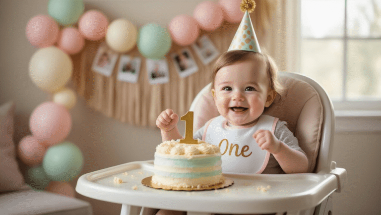 1st Birthday Party Ideas: Themes, Decor, and What Actually Matters "Smiling one-year-old in highchair with 'ONE' bib, smashing a pastel cake with gold '1' topper, amid blush pink, cream, and sage green balloon arches and a paper fan backdrop, in a homey living room lit by soft window light, with a "one year of baby" monthly photo display in the background."