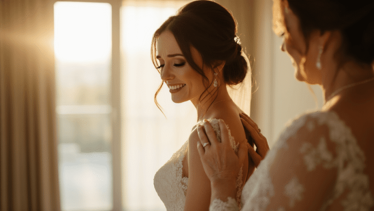 Wedding Photo Ideas That Actually Work (Not Just Pinterest Bait) "Bride in elegant white dress sharing a sweet and emotional moment with her parent in a warmly lit hotel corridor, both showing genuine tears and laughter, while soft light filters through a window."