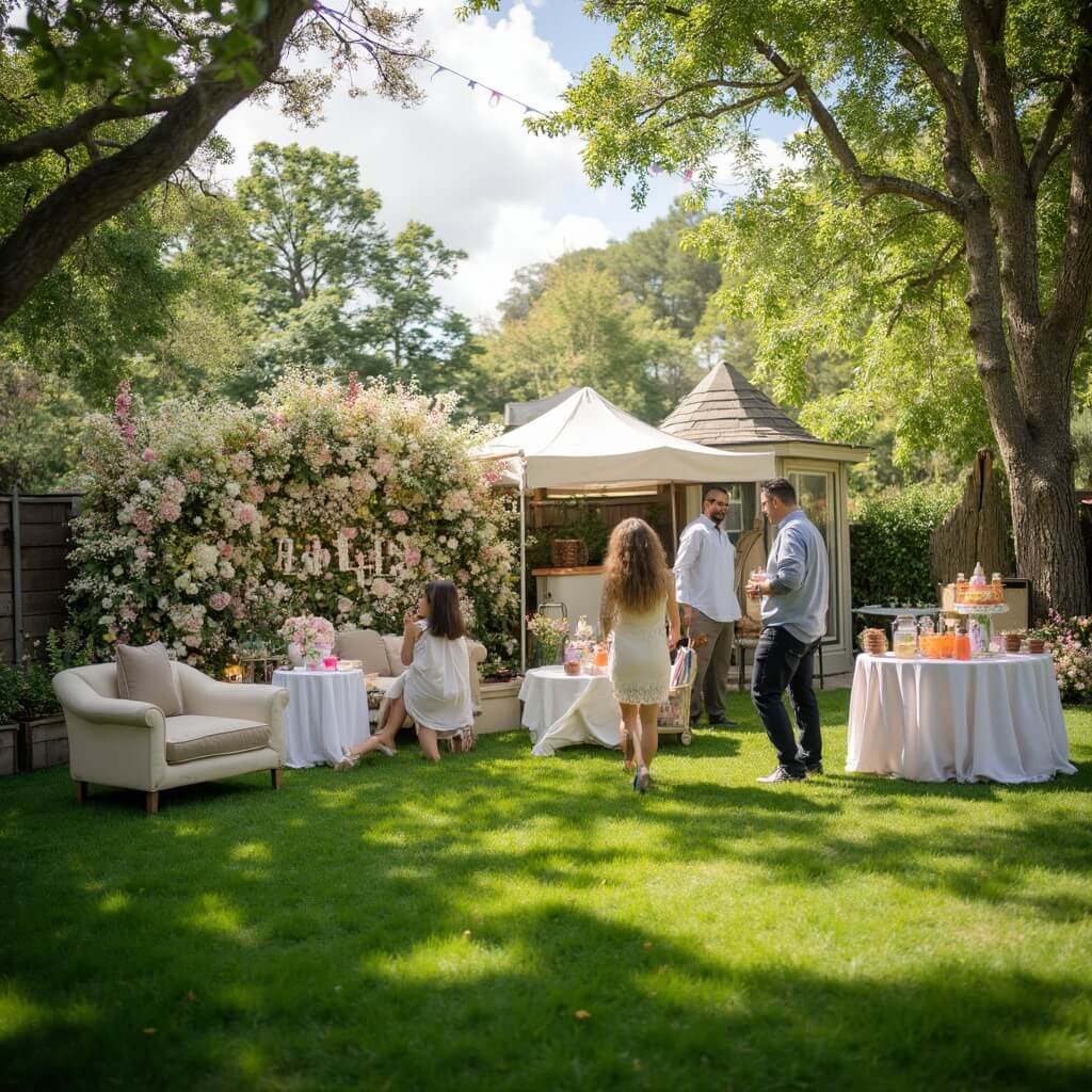 Girl Baby Shower Ideas: Themes, Decor and Food That Actually Work Outdoor garden baby shower in backyard with flower wall, pastel bunting, treat table under pop-up tent, fairy potion craft station, guests mingling in soft morning light and dappled shade on grass.