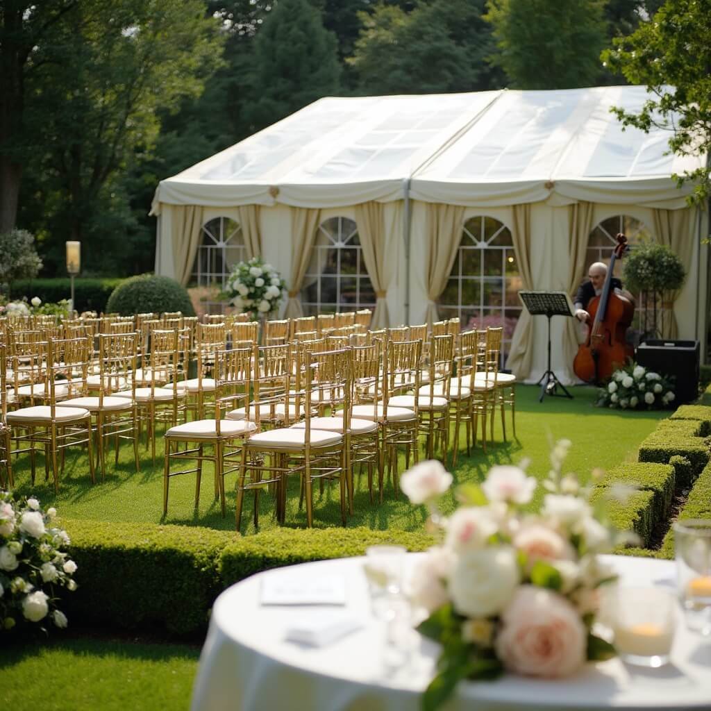 Backyard Wedding Ideas That Actually Work (Not Just Pinterest Fantasies) Formal garden wedding setup with gold chiavari chairs, box hedges, blush floral arrangements, string quartet instruments, and a striped marquee in a manicured backyard