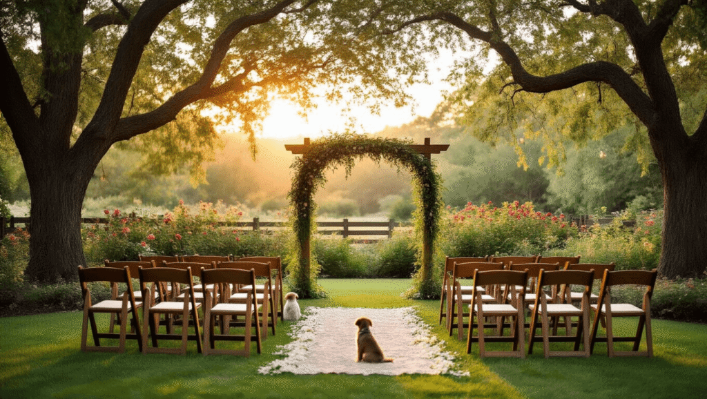 Backyard Wedding Ideas That Actually Work (Not Just Pinterest Fantasies) "Elegant garden wedding setup at golden hour featuring a wooden arch adorned with wildflowers, mismatched chairs, and a floral aisle runner under a canopy of string lights woven through trees and a small dog sitting beside a chair, with a blurred fence and rose bushes in the background."