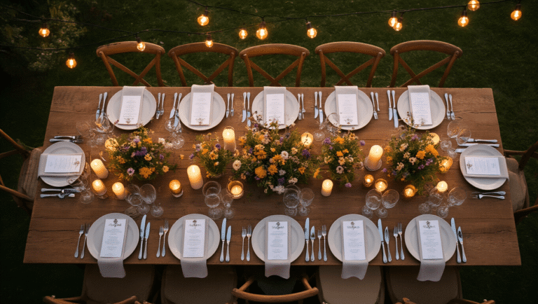 Planning a Small Wedding Without It Feeling Like a Compromise "Overhead view of a rustic, candlelit micro wedding dinner set in a garden with mismatched vintage glassware, wildflower centerpieces, and strung lights, capturing an intimate moment at golden hour without any visible faces."