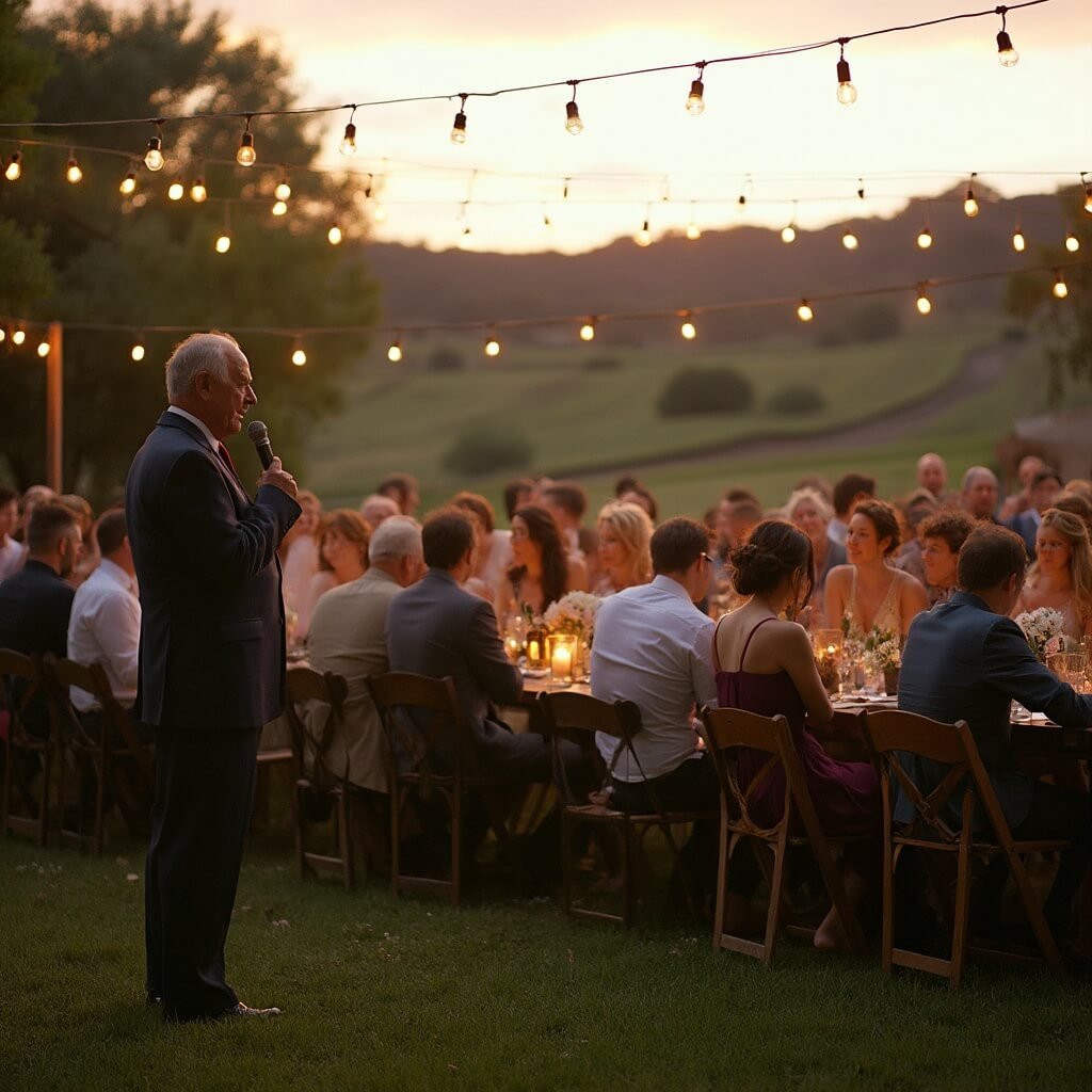Planning a Small Wedding Without It Feeling Like a Compromise Golden-hour shot at a rustic vineyard micro wedding with 28 barefoot guests, glowing string lights, groom's father making a speech, long farmhouse tables with candles and wildflowers, and the rolling vineyard hills in the backdrop.