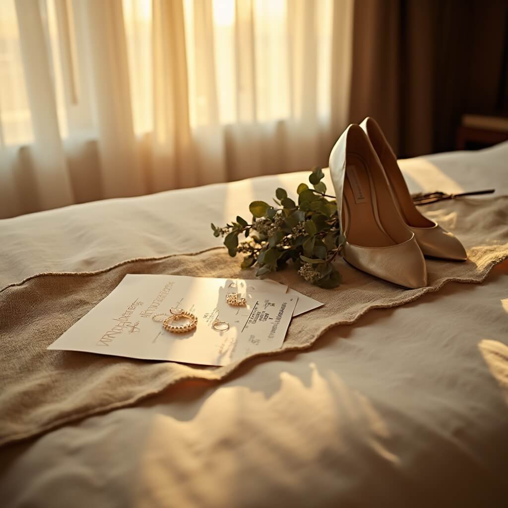 Wedding Photo Ideas That Actually Work (Not Just Pinterest Bait) Hotel room bathed in golden hour sunlight with wedding essentials such as invitations, pearl earrings, satin heels, and eucalyptus stems arranged on a bed