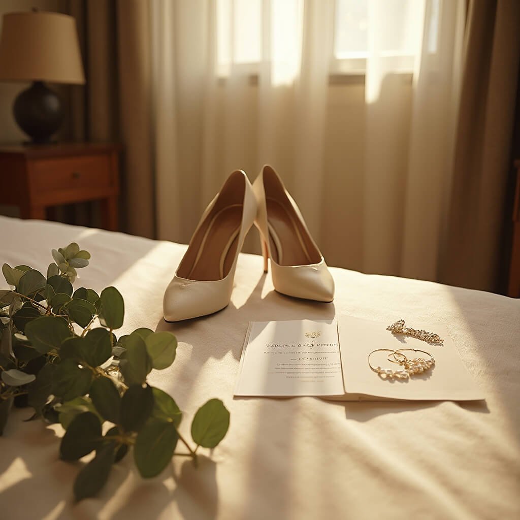 Wedding Photo Ideas That Actually Work (Not Just Pinterest Bait) Intimate hotel room bathed in golden sunset, showcasing wedding invitations, pearl earrings, satin heels, and eucalyptus stems on bed with soft shadows and texture highlights.