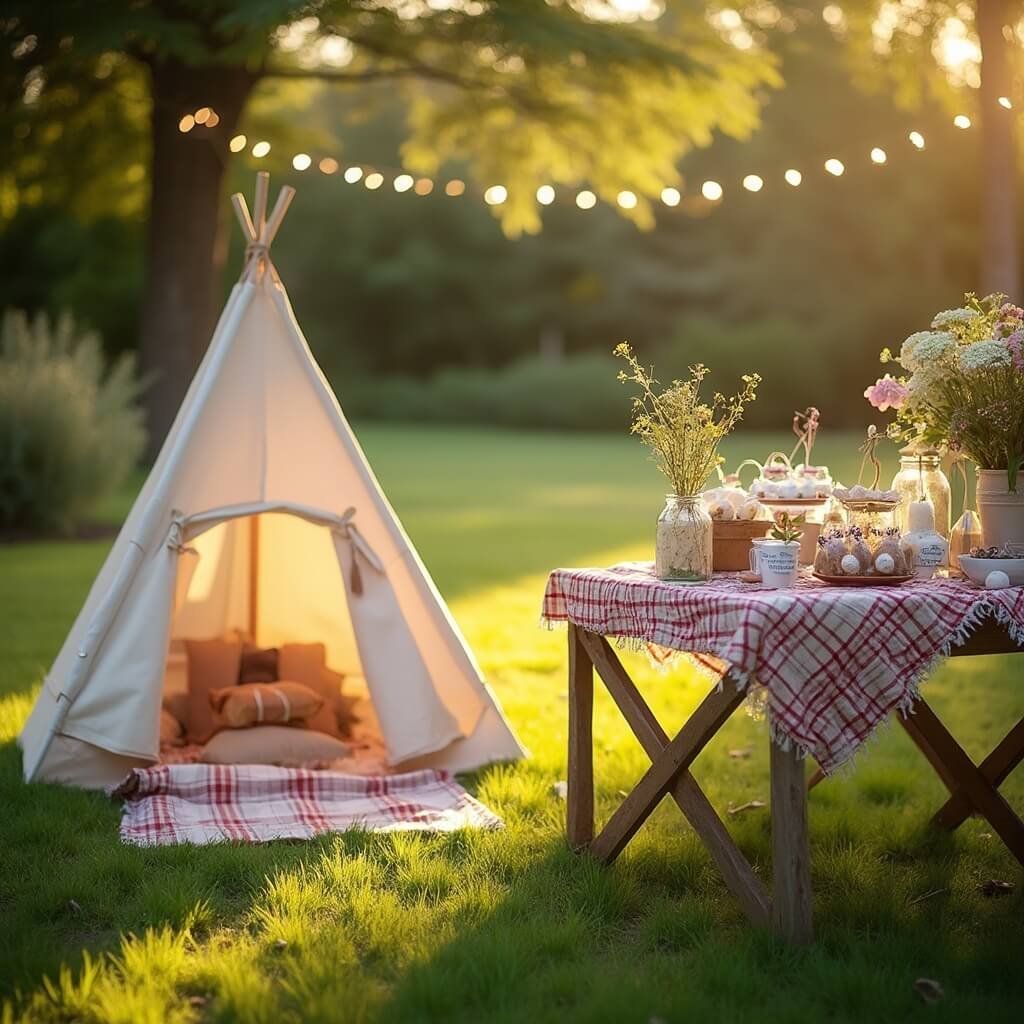 Boy Baby Shower Ideas That Won't Wear You Out Cozy summer baby shower with 'Happy Camper' theme, featuring a canvas teepee on the lawn, a rustic table with s'mores ingredients, and wildflower centerpieces under soft sunlight.